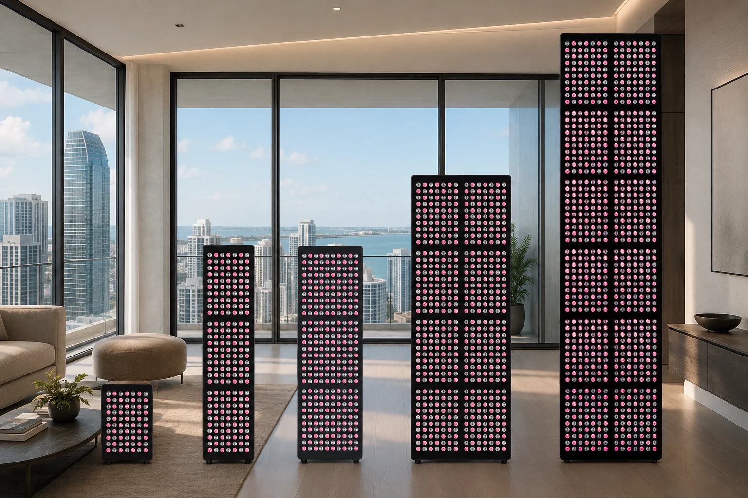 The five Dohir Labs Zohar red light therapy panels displayed together in a premium Miami residence
